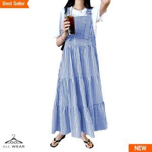 Retro Plaid Maxi Dress Suspender Ruffle Tiered Overall Jumper Sleeveless
